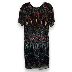 Vintage Swee Lo Sequin Beaded Dress Silk Black 80s Backless Cocktail Medium